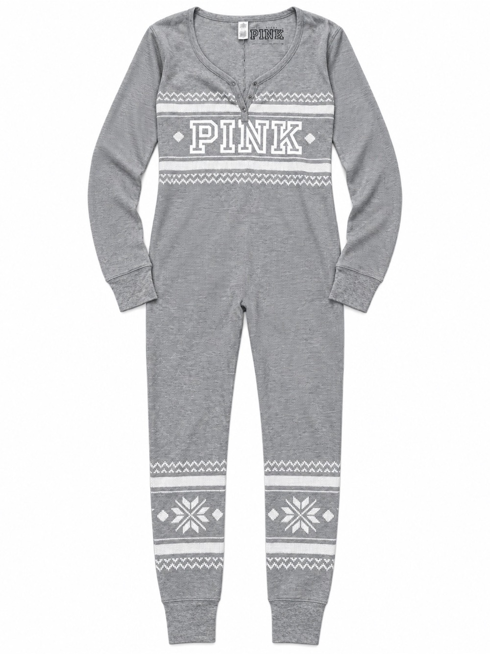 Victoria’s Secret PINK Gray Fair Isle Thermal Union Suit Onesie Butt Flap